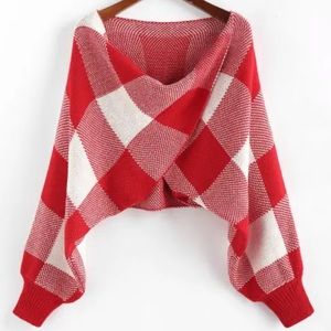 ZAFUL Checkered Cowl Front Twisted Batwing Sleeve Sweater - Red M
